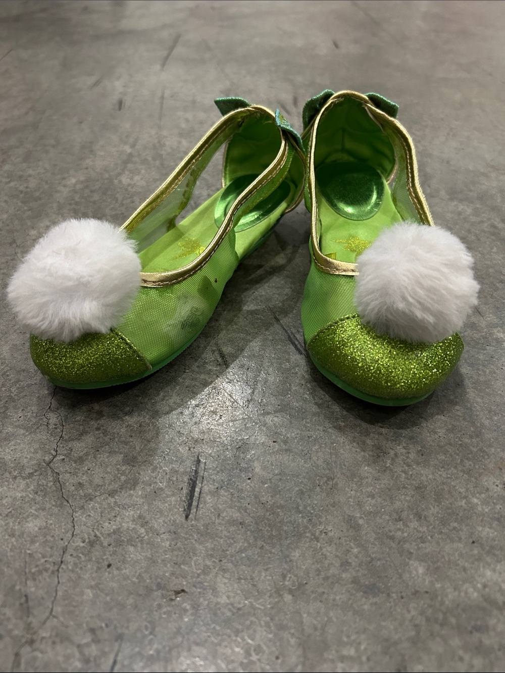 Disney Tinker Bell Costume Shoes Girl 9/10 Green Glitter Pom Pom Fairy Peter Pan